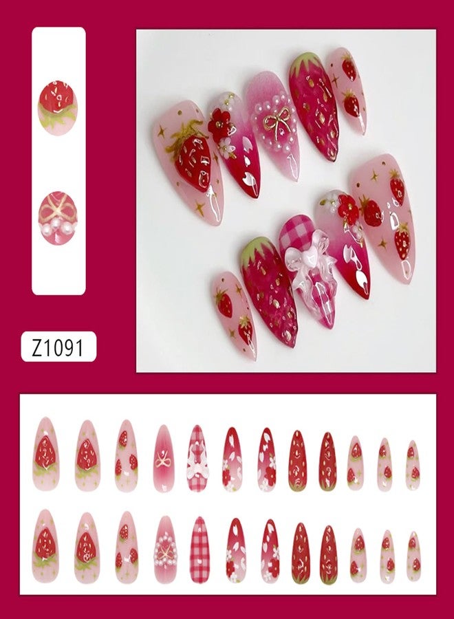 BSBTBZ 24Pcs Strawberry Flower Press on Nails Medium Almond Fake Nails Cute Floral Strawberry False Nails 3D Heart Pearls Bow Charms Designs Pink Gradient Glossy Stick on Nails Acrylic Nail for Women - Image 2